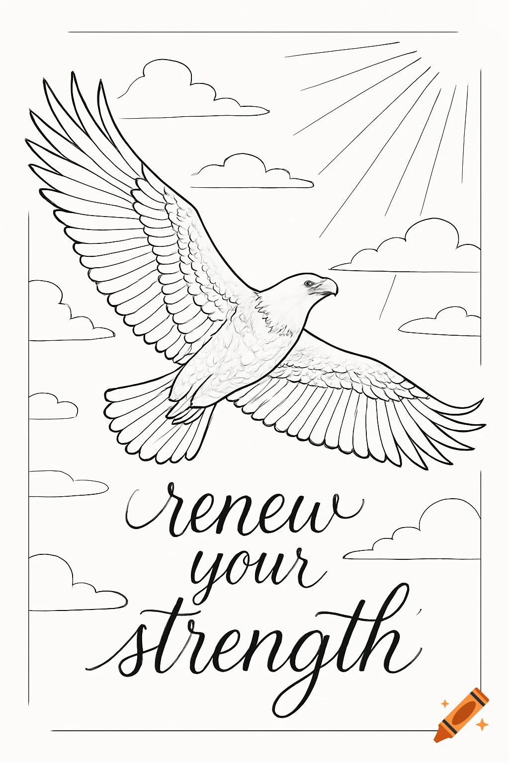 Line art of a soaring eagle with clouds and sun rays, and the text 'renew your strength' below, designed as a coloring page.
