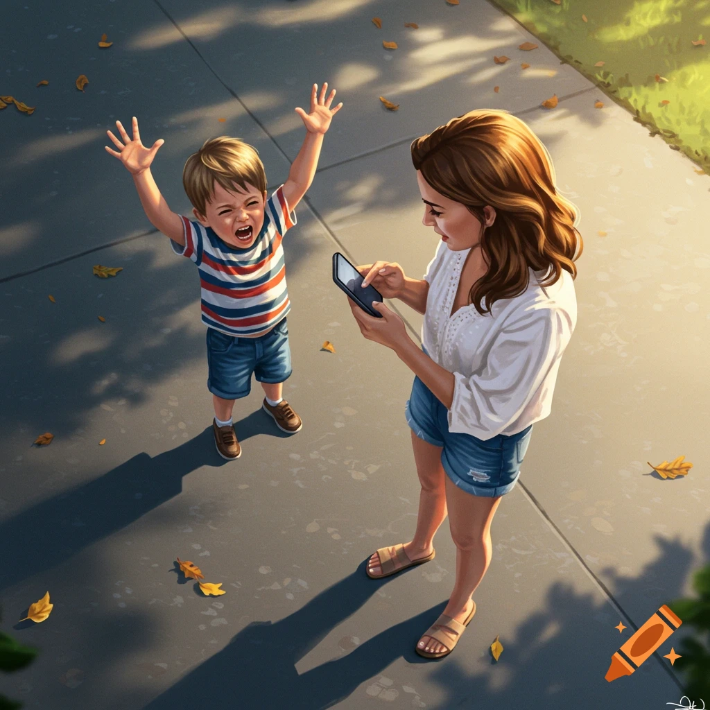 Digital illustration of a child in a striped shirt throwing a tantrum while their mother looks at her smartphone on a sunny driveway.