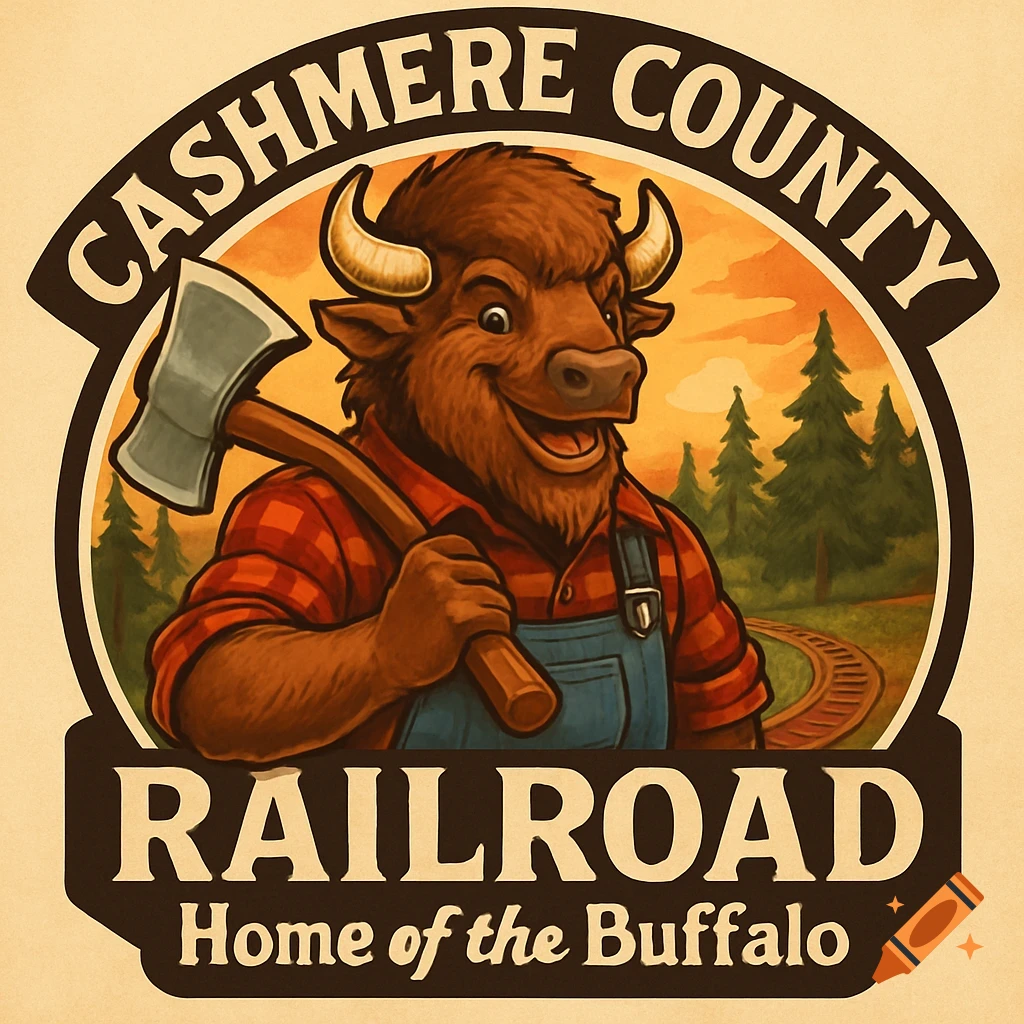 Cartoon buffalo lumberjack holding an axe in a round logo with text 'CASHMERE COUNTY RAILROAD Home of the Buffalo' and a forest background.
