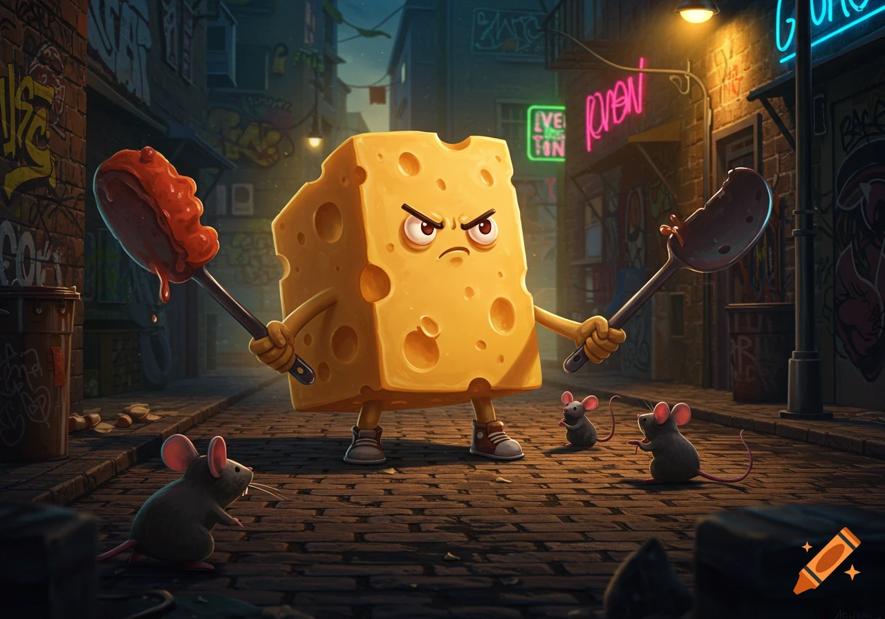 A cartoon block of cheese with an angry expression holds a ketchup-covered lollipop and a spoon while confronting three mice in a dark, graffiti-filled alley.