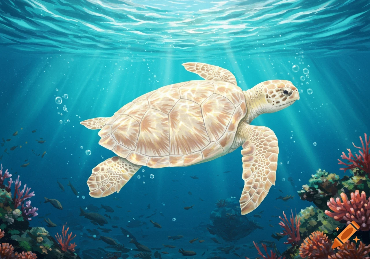 A creamy-colored sea turtle swims in bright blue ocean water with sun rays, bubbles, and coral reefs below.