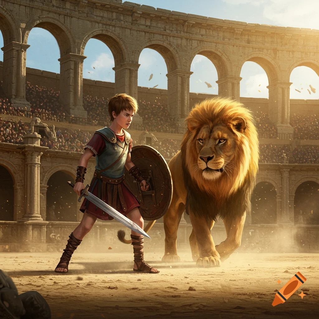 A teenage boy in gladiator armor with a sword and shield stands next to a large lion in a dusty ancient stadium, filled with spectators.