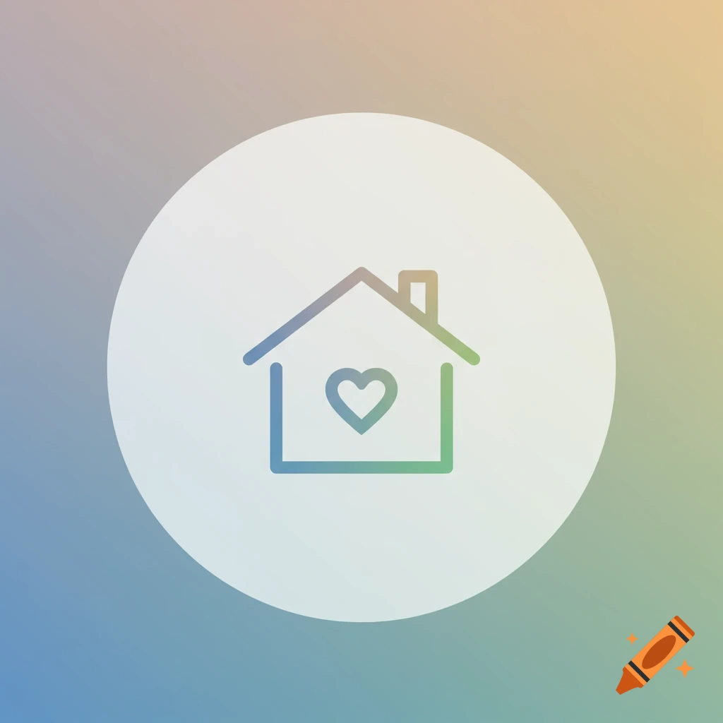 Minimalistic outline of a house with a heart inside, centered in a white circle on a soft blue and orange gradient background.