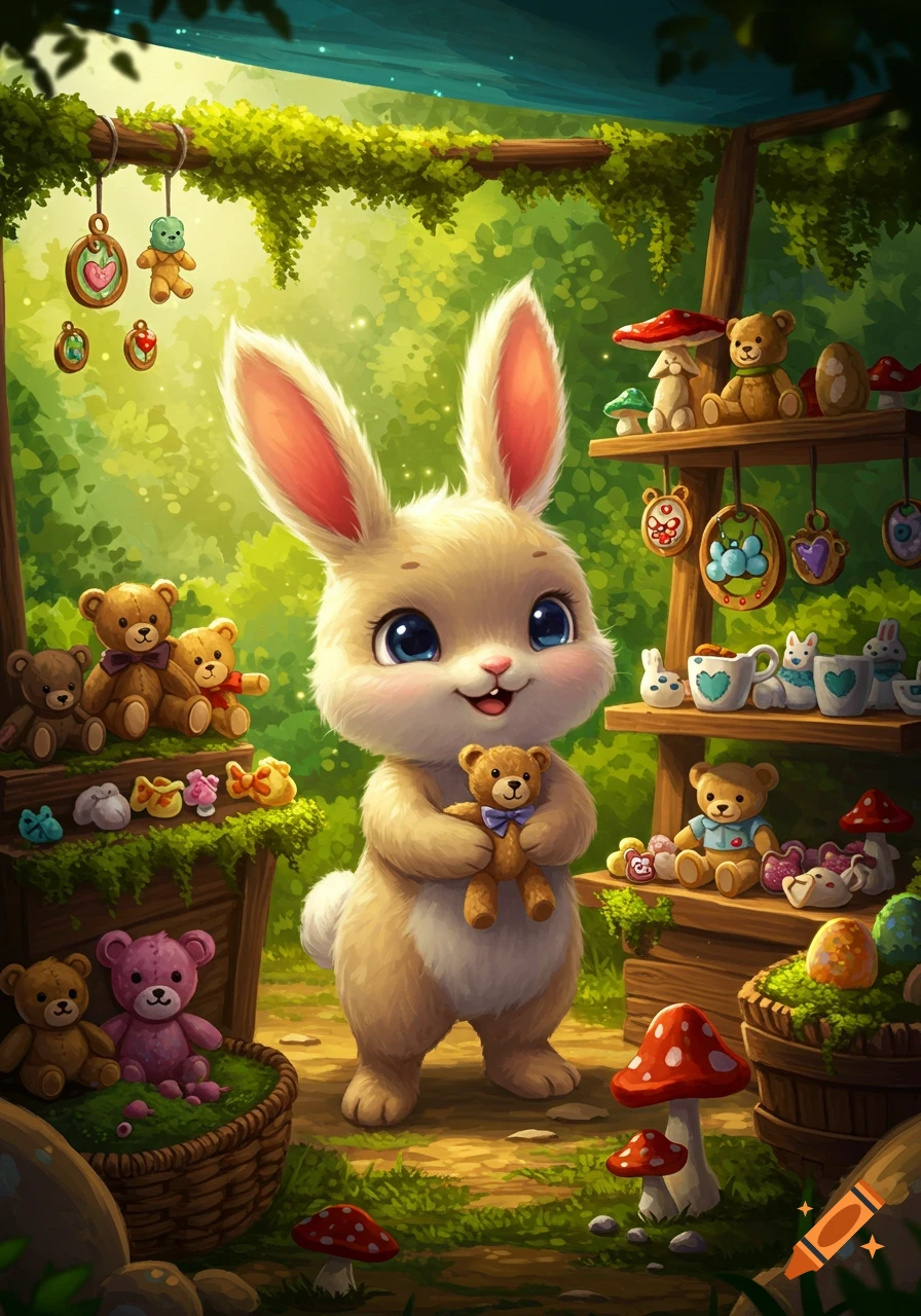 A cute, smiling cartoon bunny holding a small teddy bear, surrounded by shelves of toys and mushrooms in a whimsical forest setting.