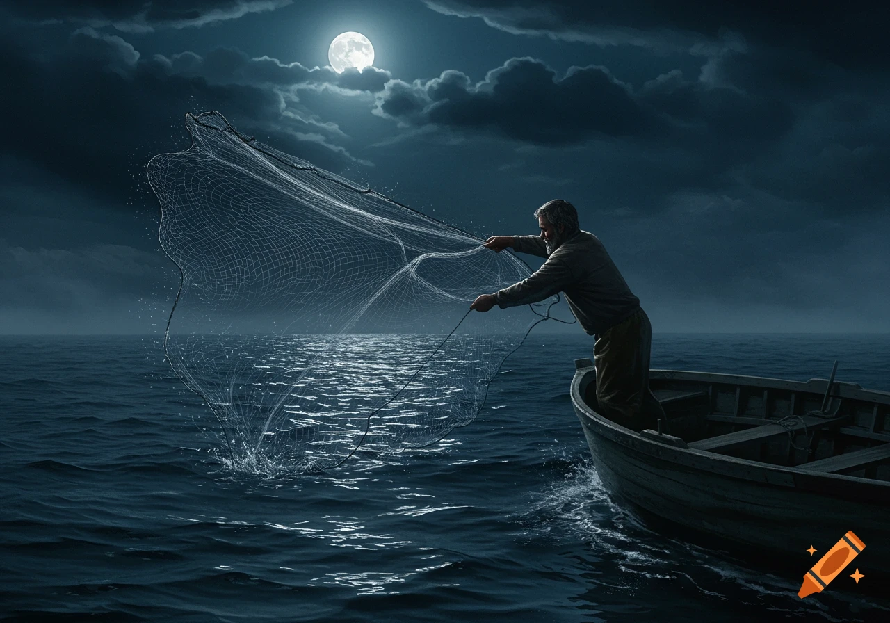 A man casts a fishing net from a boat on a dark, moonlit sea under a cloudy night sky.