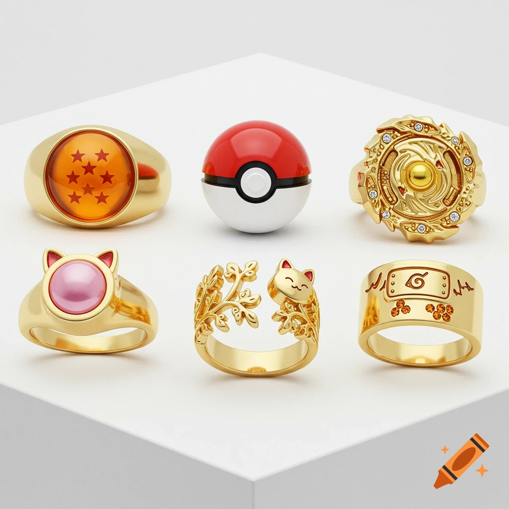 Six gold rings featuring themes from Dragon Ball, Pok rnmon, Beyblade, and Naruto, along with cat-themed designs, displayed on a white surface.