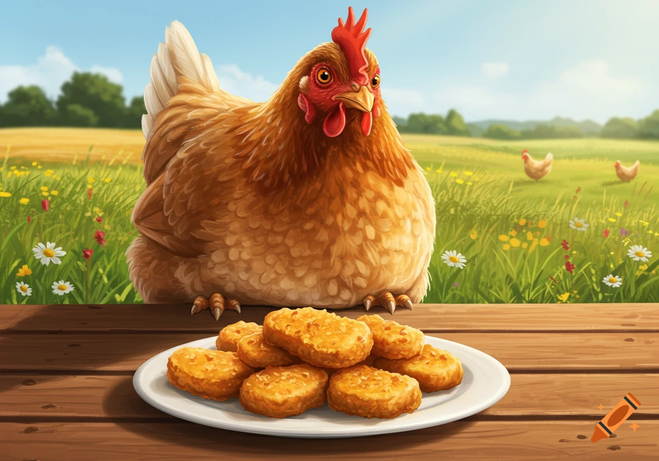 A large cartoon chicken stares at a plate of chicken nuggets on a wooden table in a sunny field with other chickens in the background.