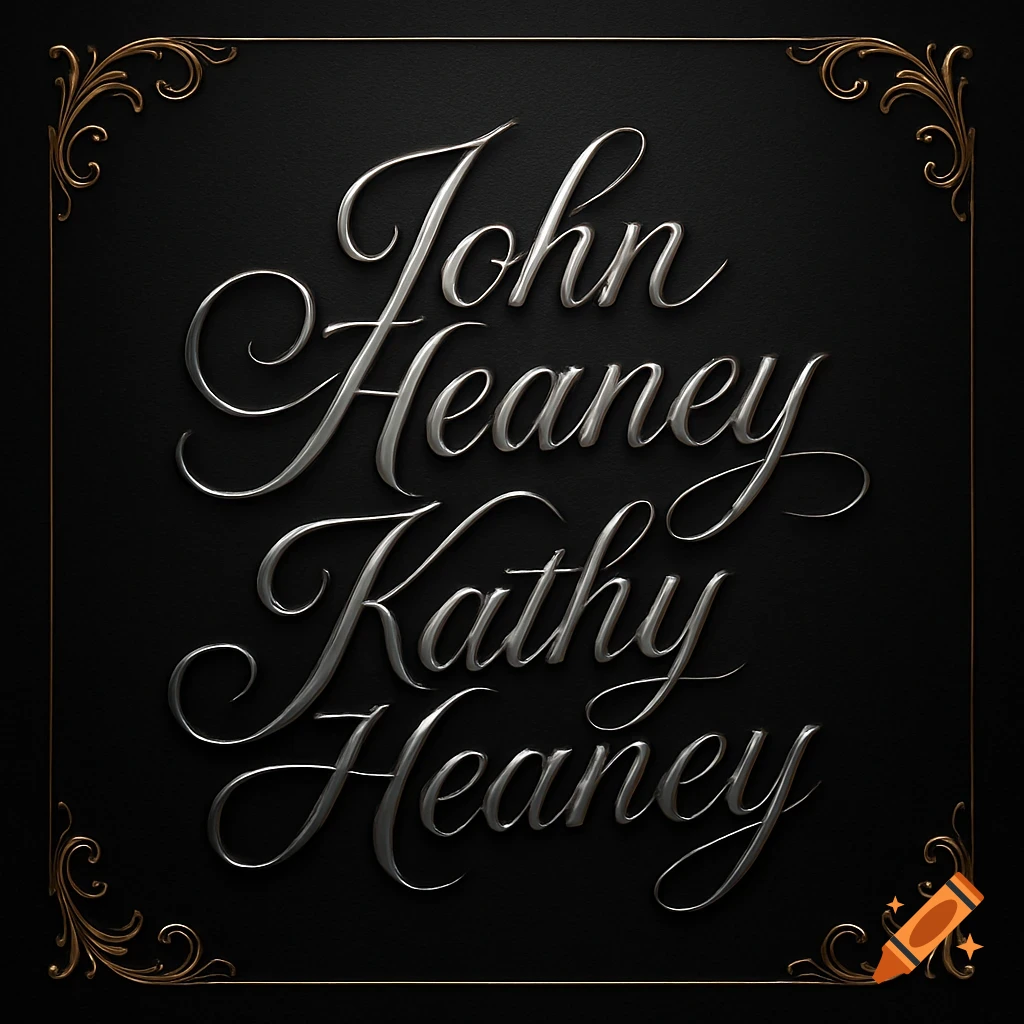 A black sign with ornate gold corners features the names 'John Heaney' and 'Kathy Heaney' in silver metallic script.