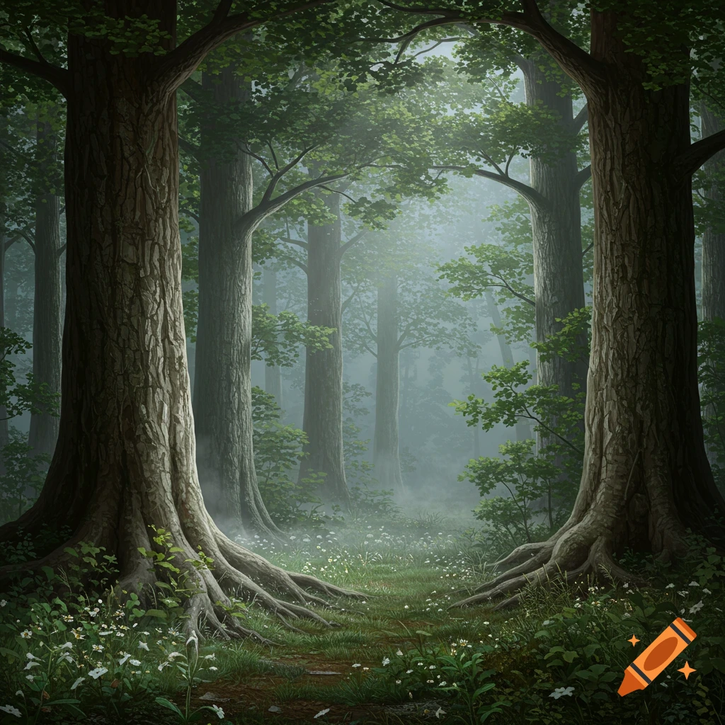 A soft, misty forest path bordered by tall trees with exposed roots and white wildflowers on the ground.