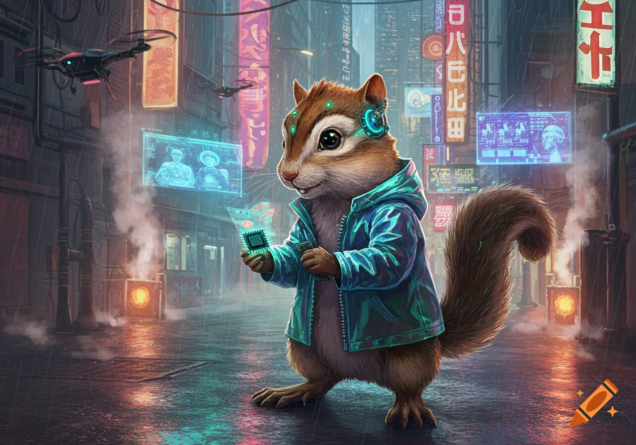 A cute cyberpunk chipmunk in a futuristic city street, wearing a teal jacket and holding a microchip, surrounded by neon signs and drones.