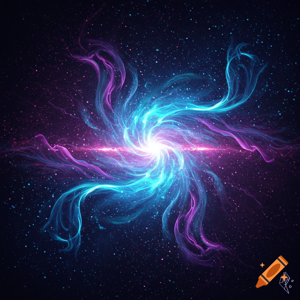 Vibrant swirling cosmic abstract with blue and purple light and stars, emanating from a bright white center.