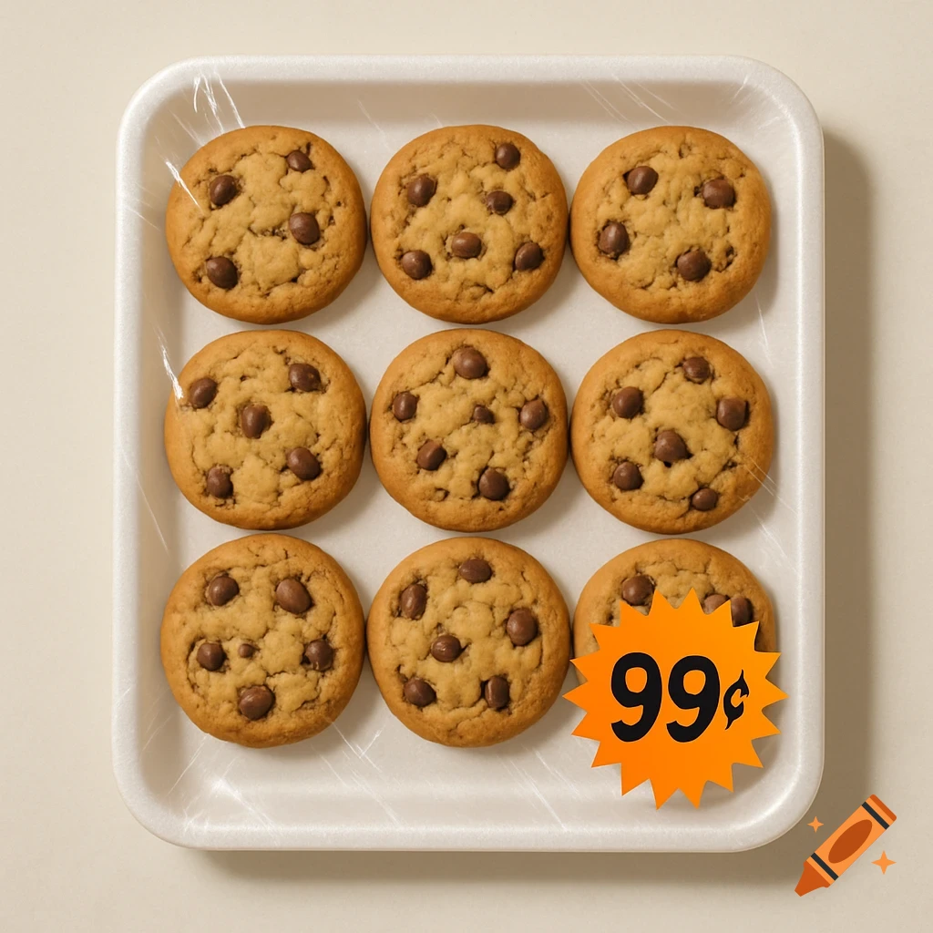 Nine chocolate chip cookies on a white styrofoam tray wrapped in clear plastic, with an orange '99 ' price sticker. Photorealistic.