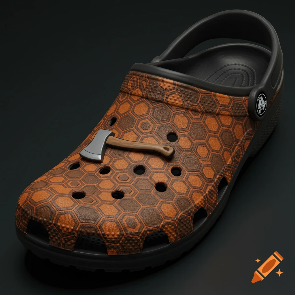 A dark brown and orange Crocs clog with a hexagonal pattern and a small axe charm on the front, against a dark background.