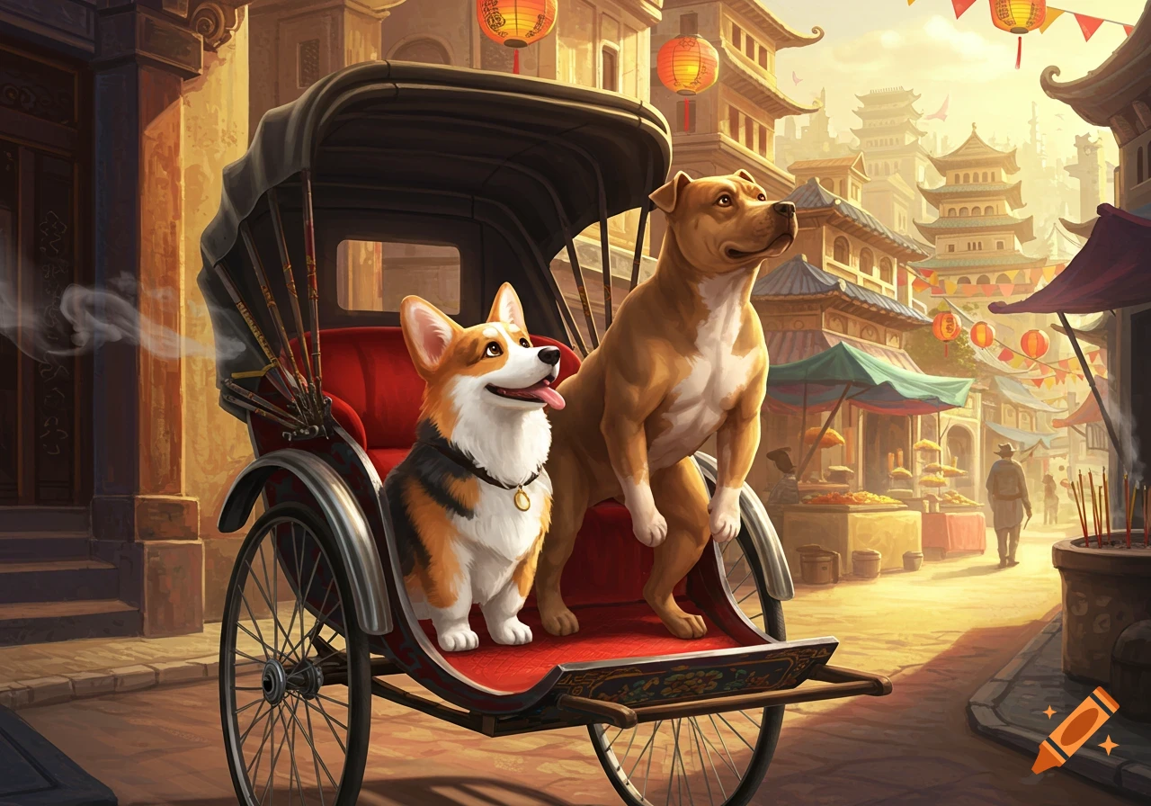 A tricolor corgi and a tan pitbull ride in a red rickshaw on a street in an Asian-style city with pagodas and lanterns.