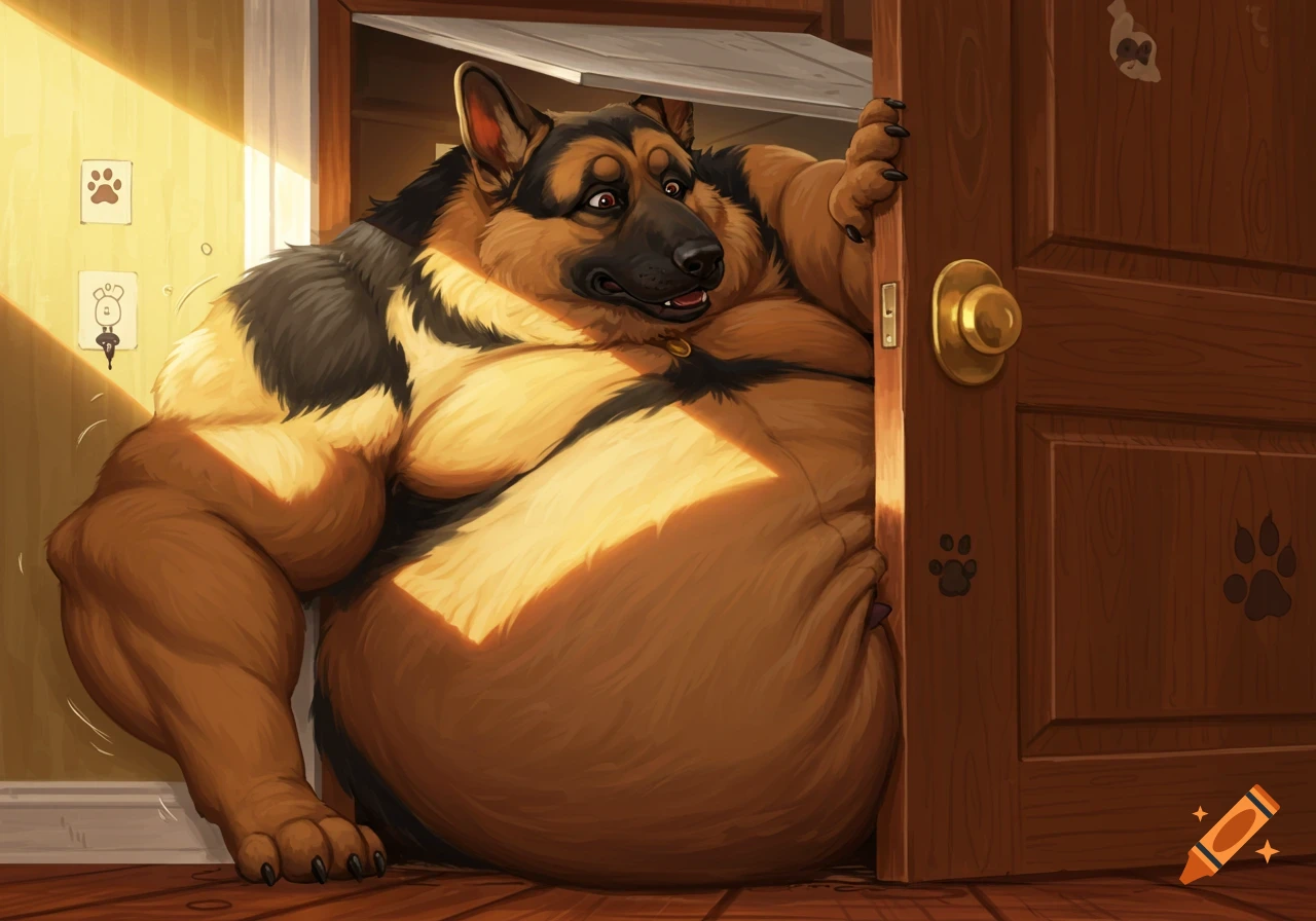 An extremely obese German Shepherd dog, with a massive bulging belly, is comically stuck in a doorway, looking surprised.