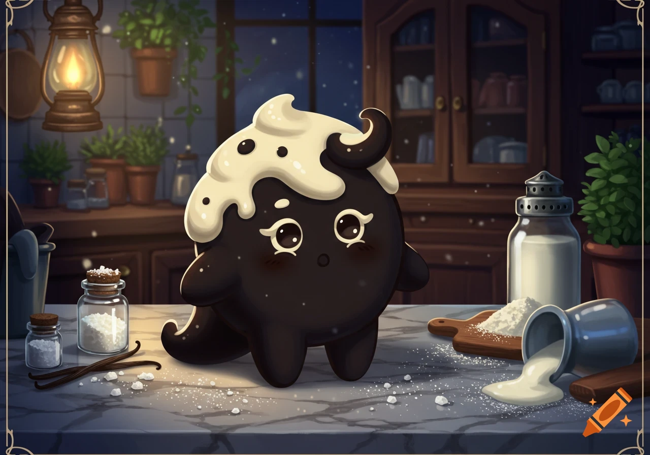 A cute, dark, cookie-like character with white frosting stands on a kitchen counter amidst scattered sugar and baking ingredients.