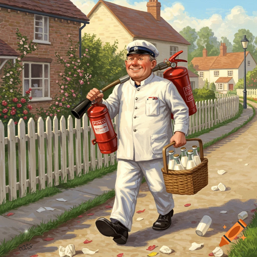 A smiling milkman in a white uniform carries a basket of milk bottles and two red fire extinguishers on a sunny path lined with houses and a white fence.