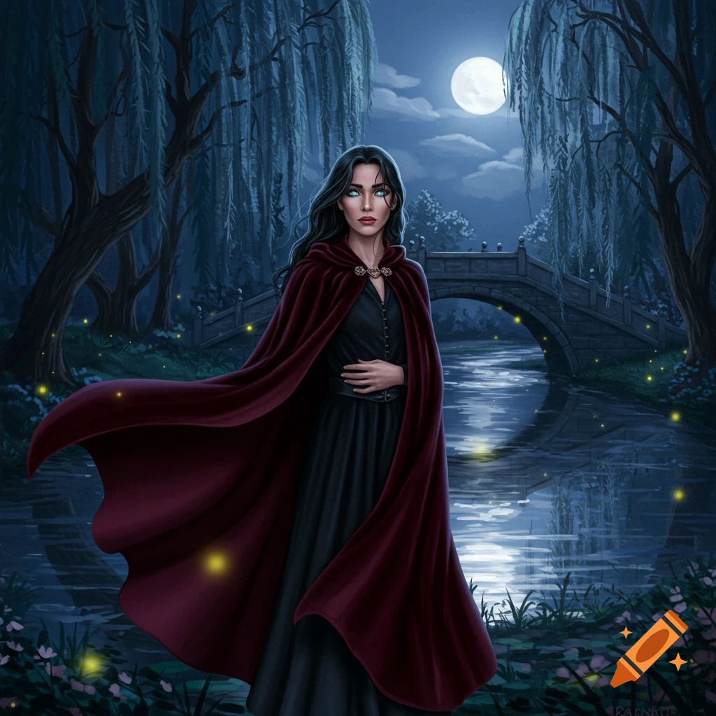 A dark-haired woman in a red cloak stands by a moonlit river in a mystical forest.