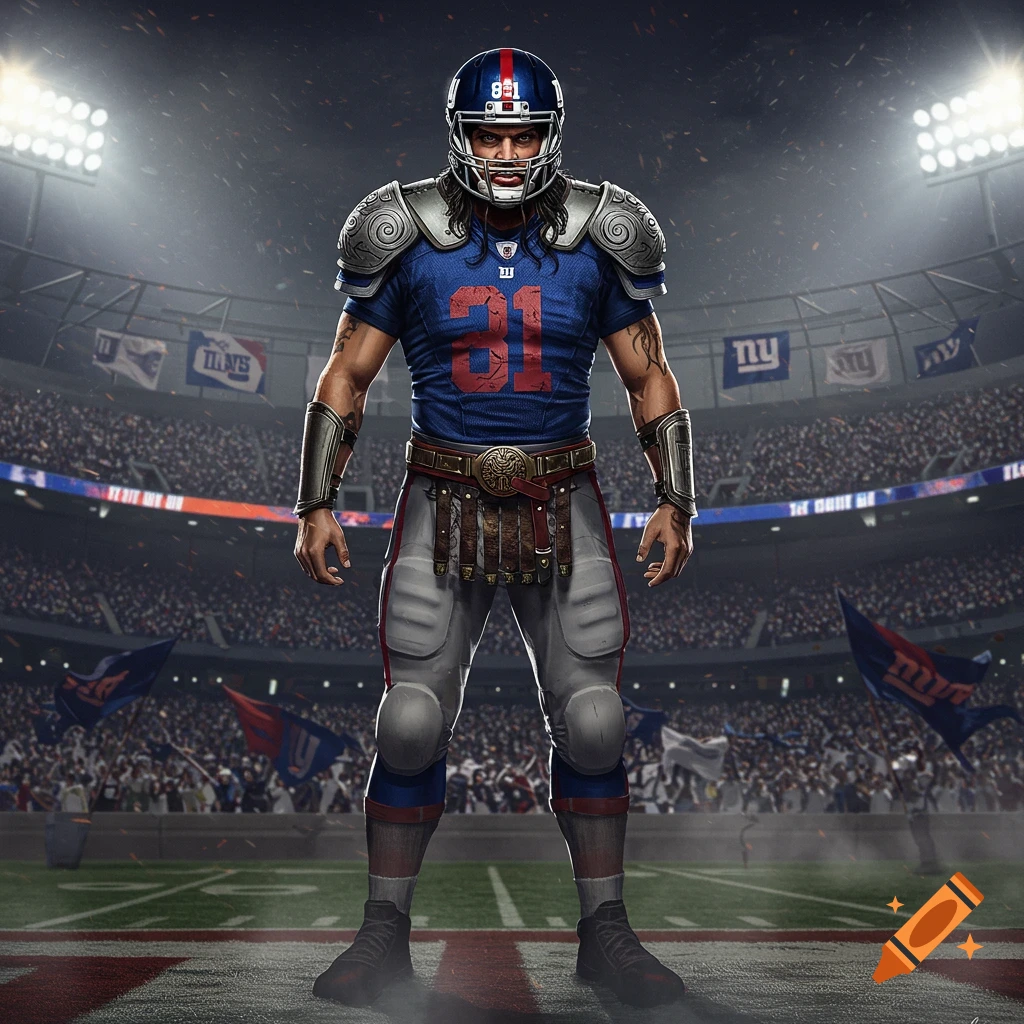 A powerful football player in a blue Giants uniform with warrior-like shoulder pads and belt, standing on a football field in a stadium with stadium lights.