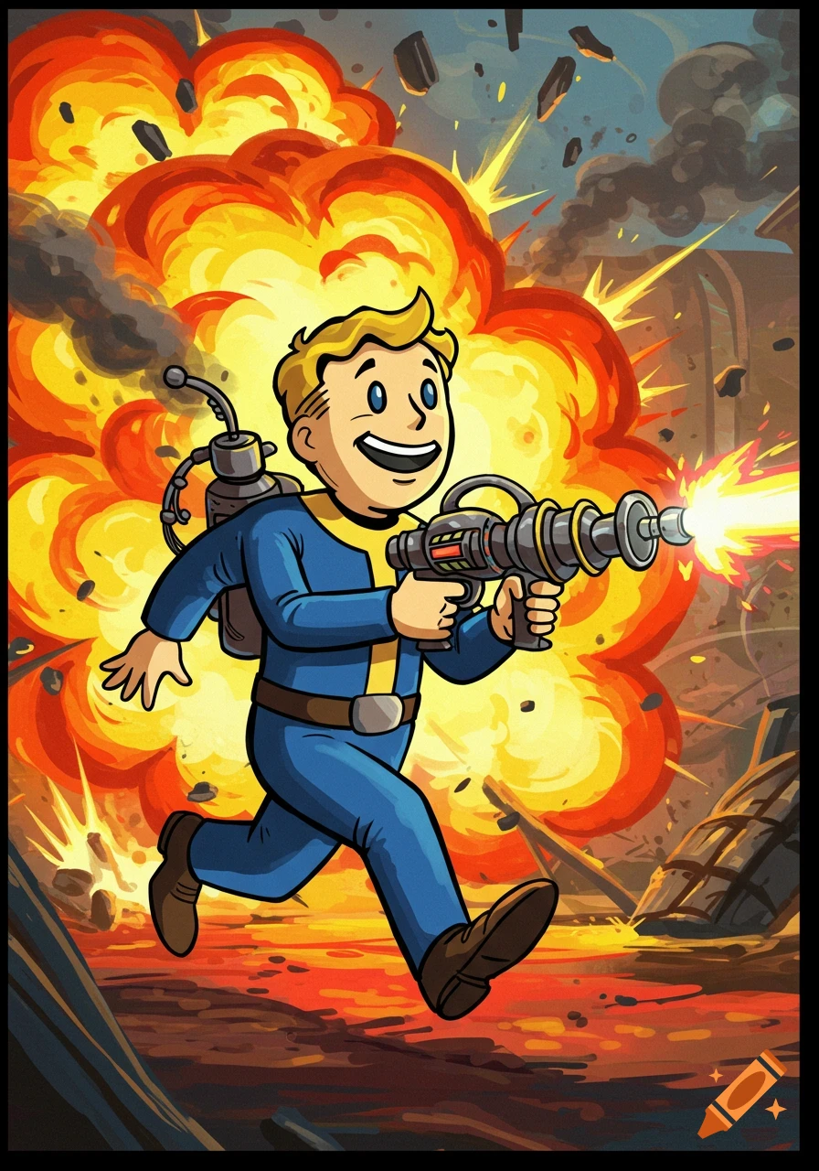 Vault Boy runs and fires a laser gun amidst large explosions in a cartoon style.
