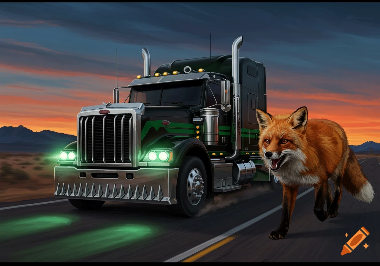 A fierce-looking red fox runs alongside a black and green 18-wheeler truck on a desert road at sunset.