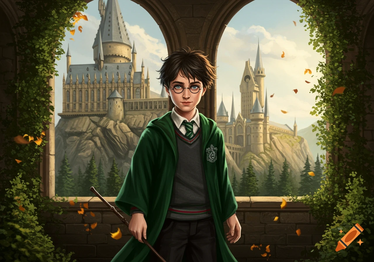 A boy with round glasses and a green robe stands in an archway, looking at a grand castle on a distant mountain.