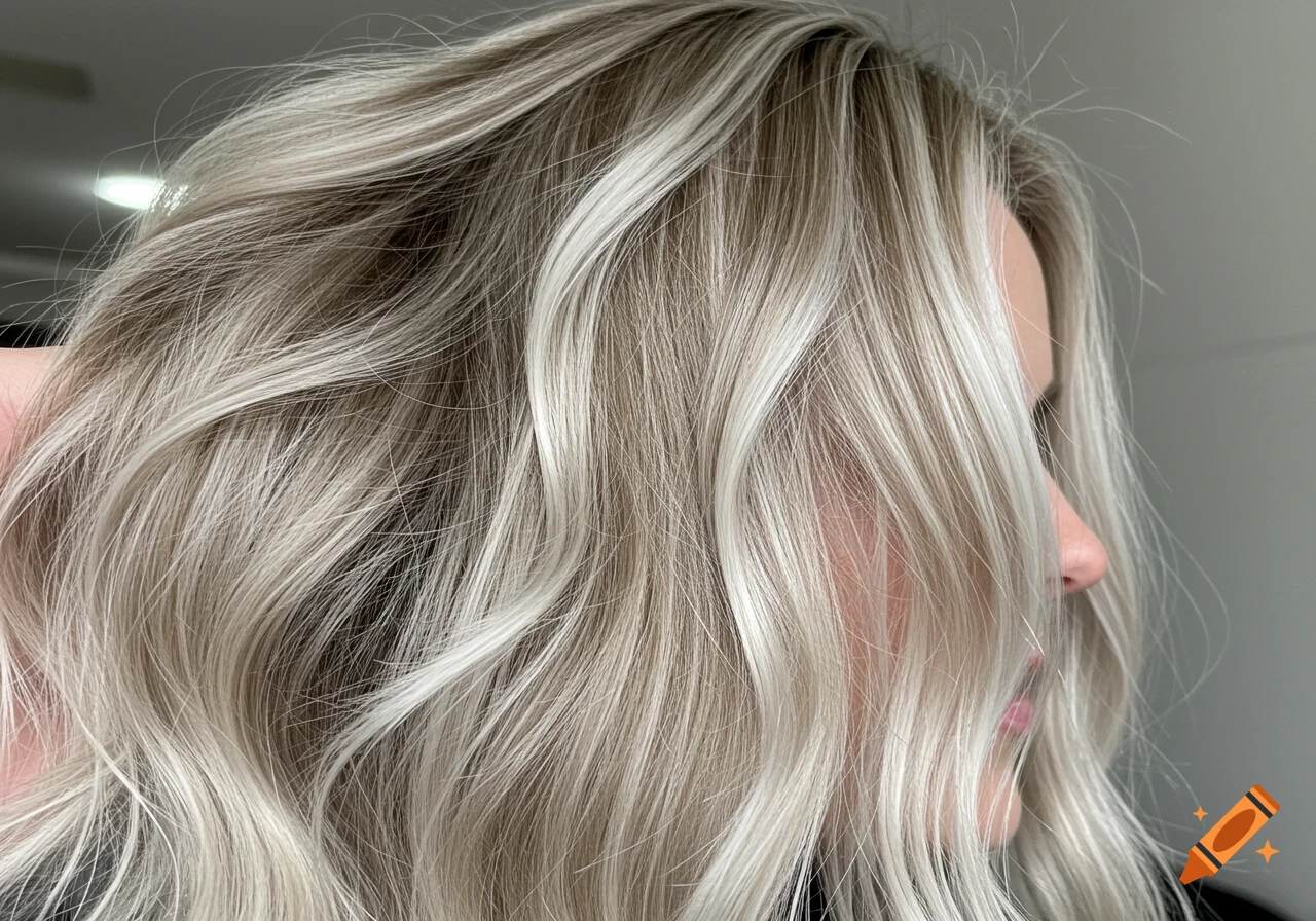Close-up of wavy blonde hair with white highlights.