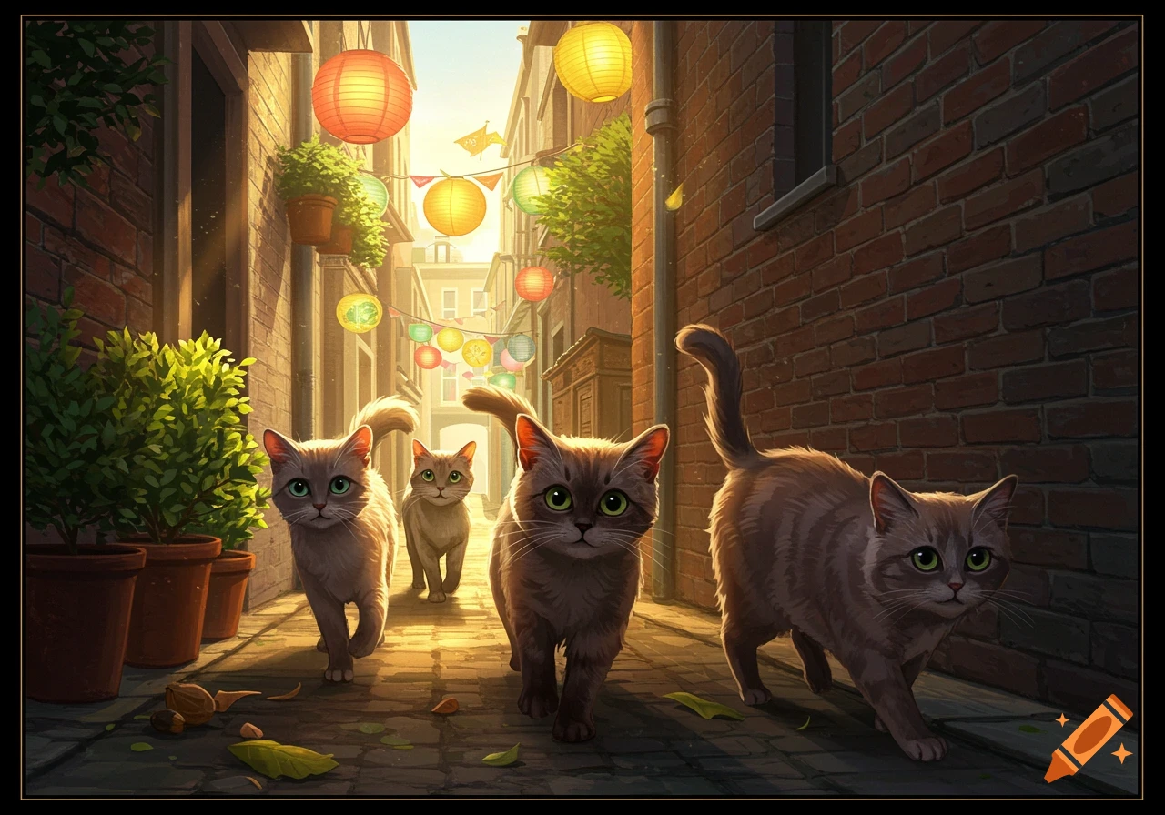 Four grey cats walk down a sunlit alley decorated with colorful lanterns and green plants in pots.