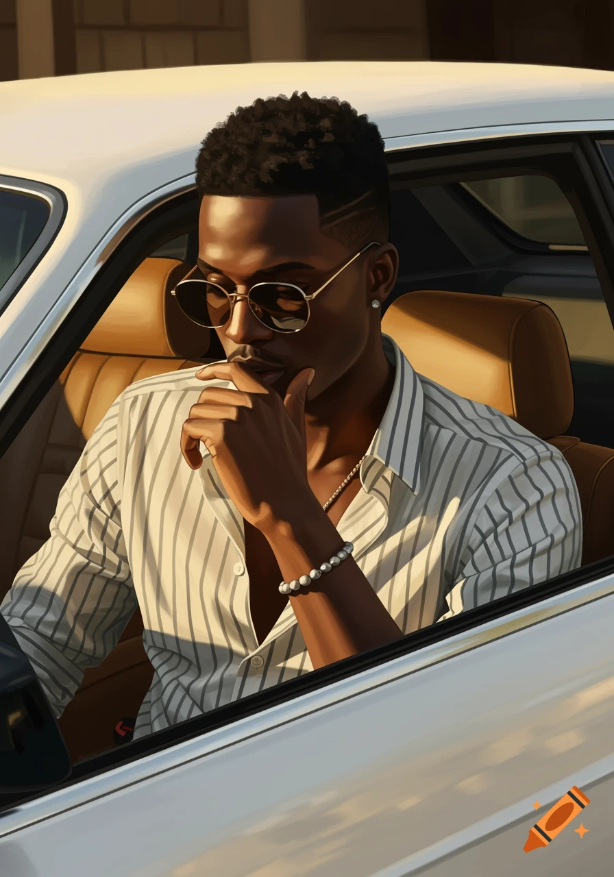 A stylish young Black man in sunglasses and a striped shirt sits thoughtfully in a white car, bathed in warm sunlight.