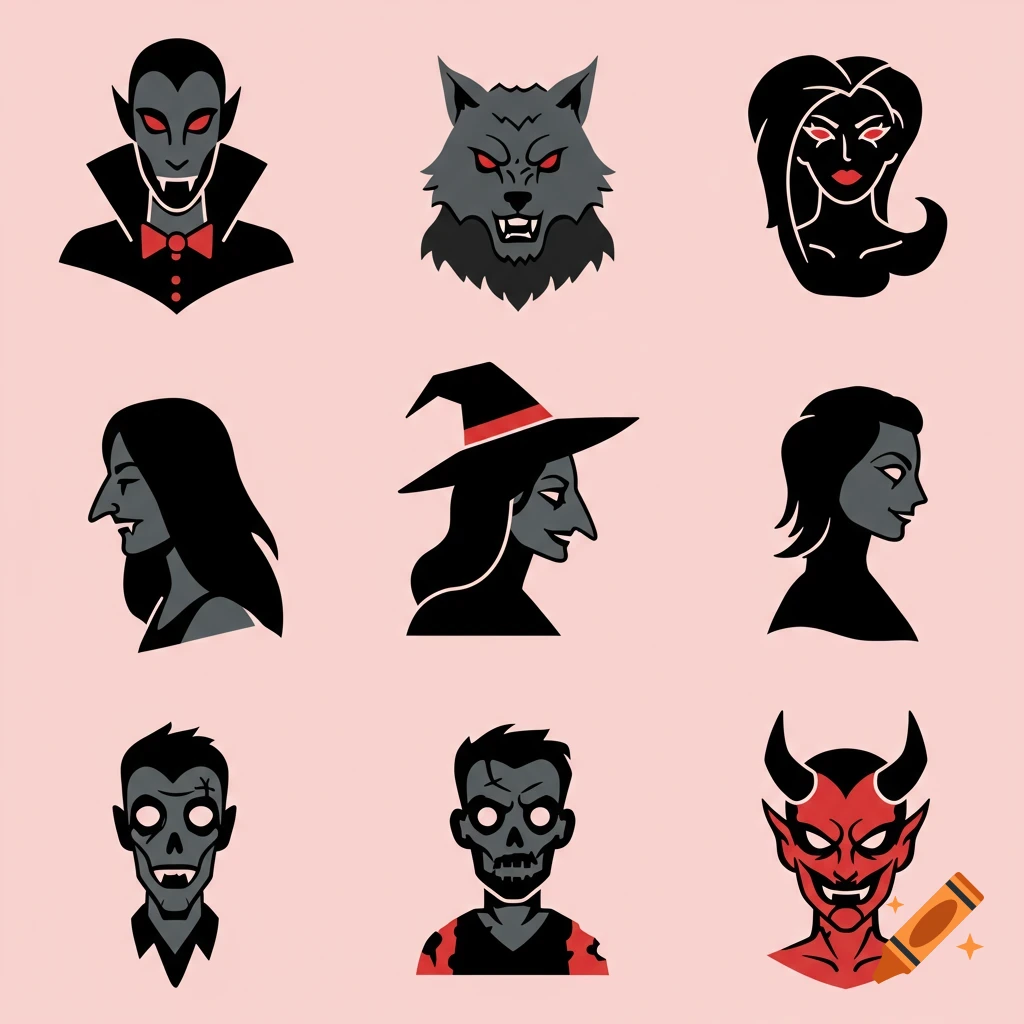 Nine solid-color icons of supernatural creatures including a vampire, werewolf, witch, two types of zombies, a demon, and female ghouls.