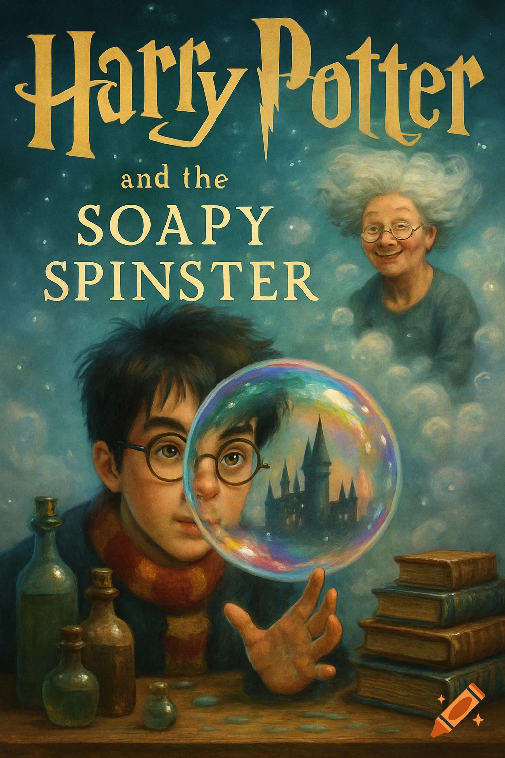 Illustrated book cover titled 'Harry Potter and the Soapy Spinster' showing a boy holding a bubble with a castle reflection, an old woman smiles behind him.