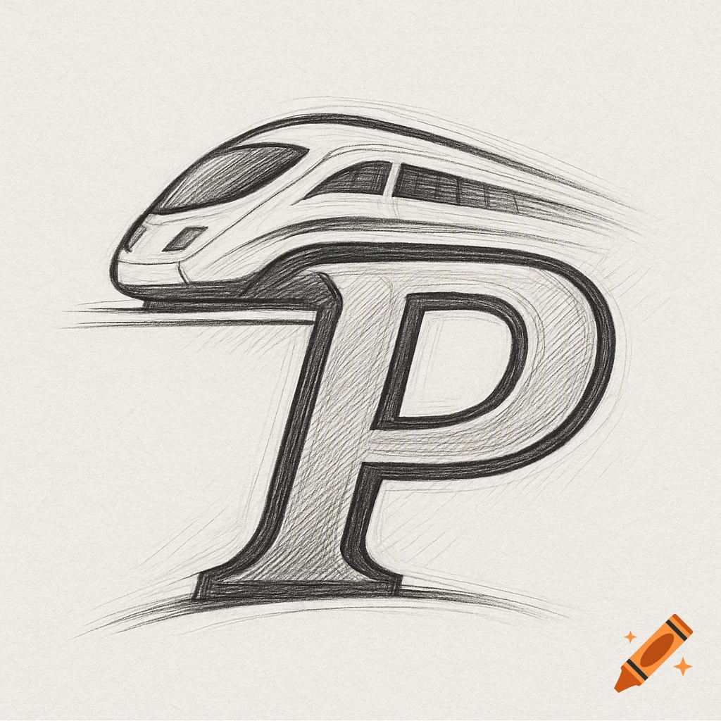 Pencil sketch of a high-speed train speeding above a large letter P, designed as a logo.