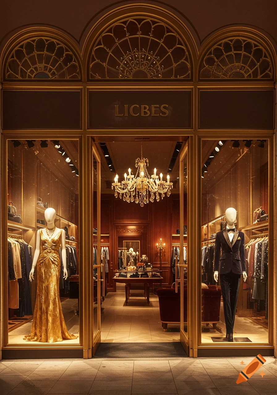 A luxury clothing storefront with a gold ornate facade, featuring two mannequins and a grand chandelier inside. Photorealistic.