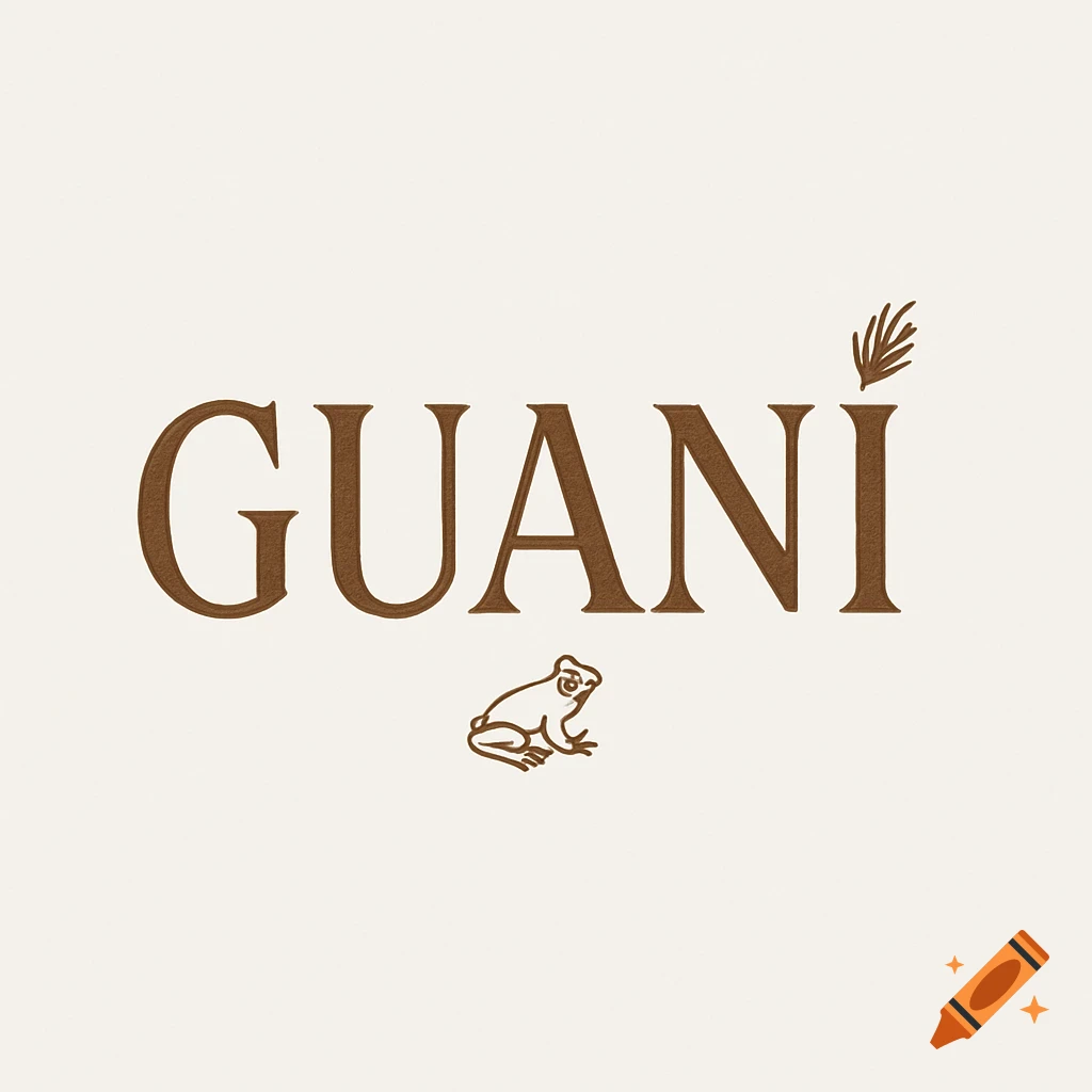 Brown minimalist logo for GUANI with serif text, a frog, and a stylized feather forming the dot of the 'i'.