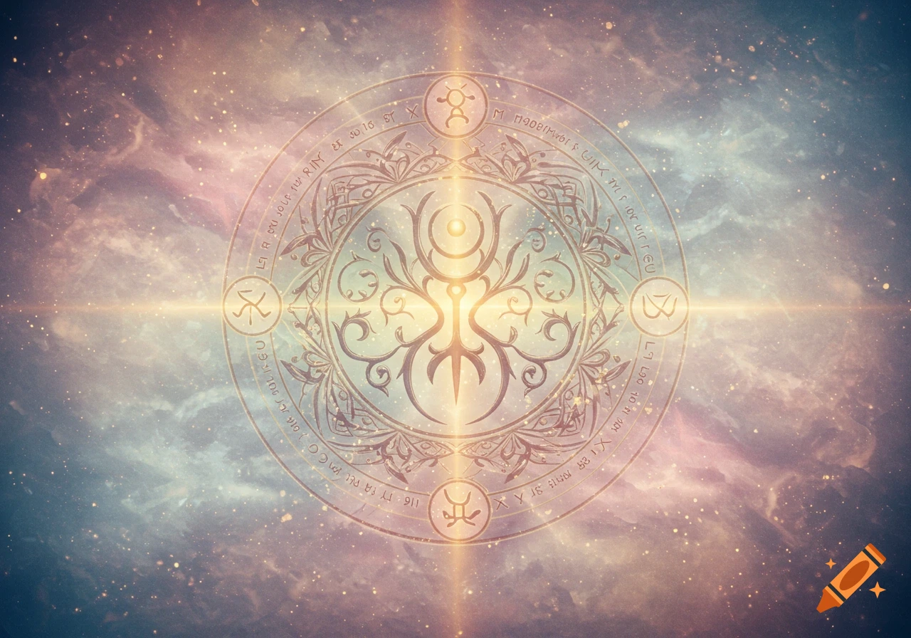 An ornate glowing sigil with abstract patterns and illegible symbols, set against a backdrop of a starry nebula with pink, purple, and blue hues.