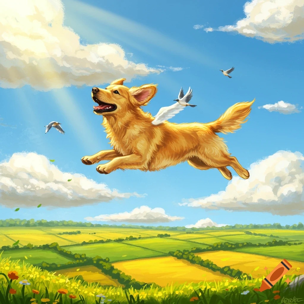 A golden retriever with small wings flies through a sunny blue sky over green fields, with two birds nearby.