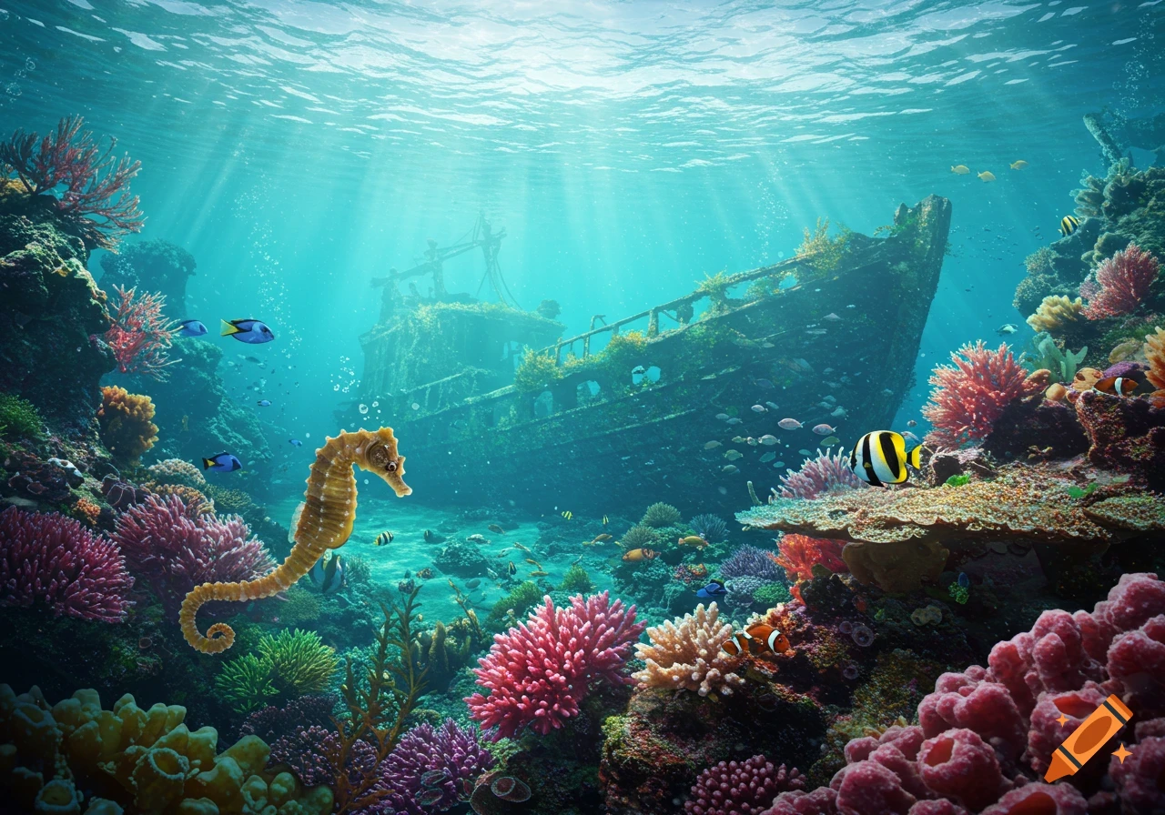 A vibrant underwater scene with a seahorse, colorful coral, various fish, and an old shipwreck under sun rays.