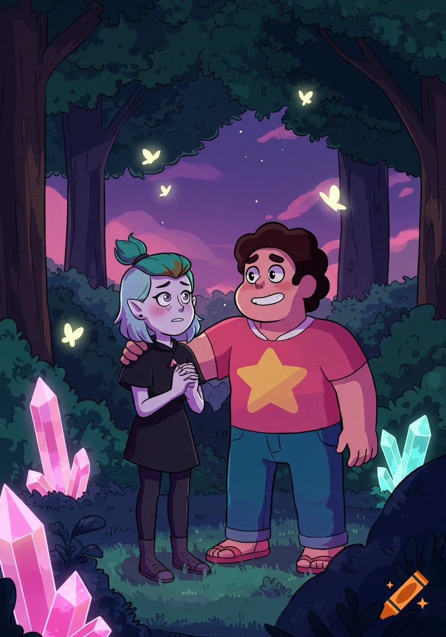 Steven Universe comforts Amity Blight in a glowing, crystal-filled forest at dusk in a cartoon style.
