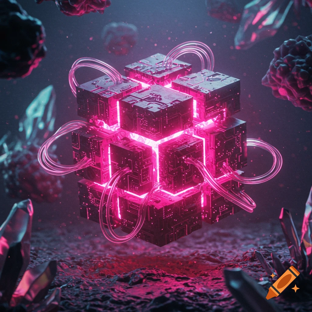 A glowing segmented cube with pink energy and tubes, surrounded by magenta crystals on a dark alien landscape, in a digital sci-fi style.