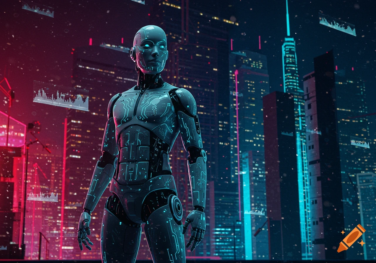 A humanoid robot with glowing circuit patterns standing in a neon-lit futuristic city at night, with holographic displays floating nearby.