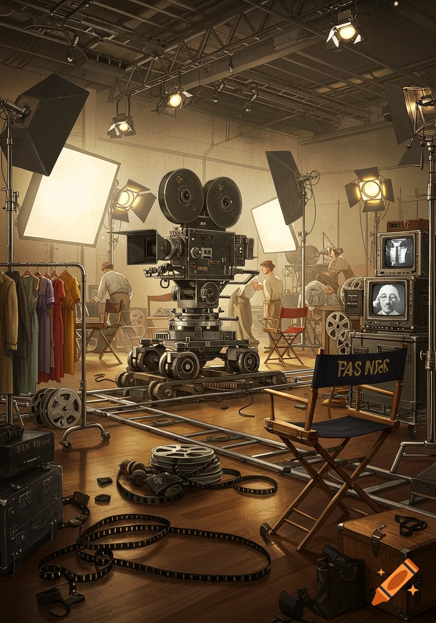 An intricately detailed illustration of a vintage film set with a large camera, lights, film reels, and crew.