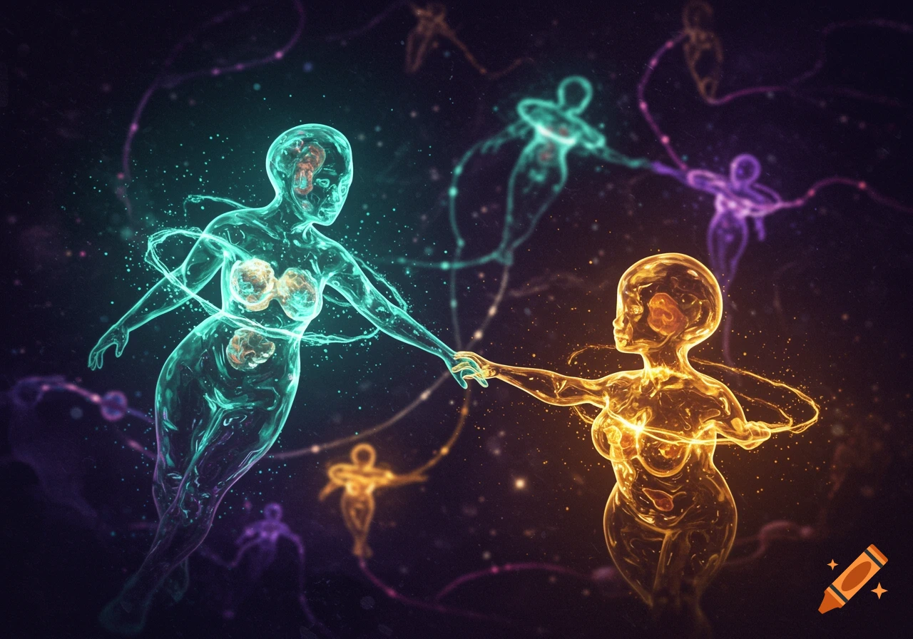 Two glowing, translucent humanoid figures, teal and gold, reach to touch hands in a cosmic, starry void with other faint figures.