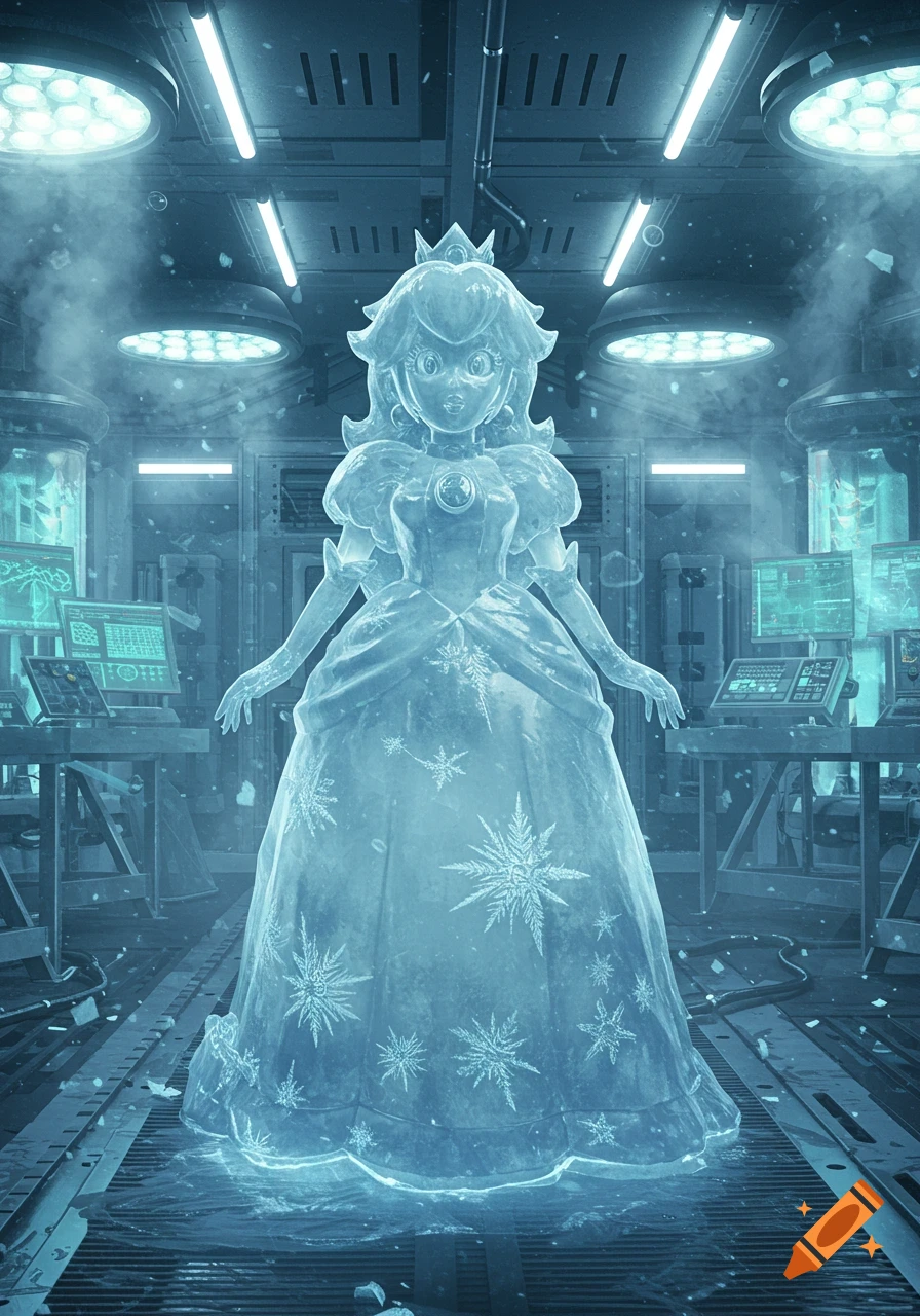 Princess Peach as a translucent ice statue in a high-tech laboratory with glowing screens and ambient lighting.