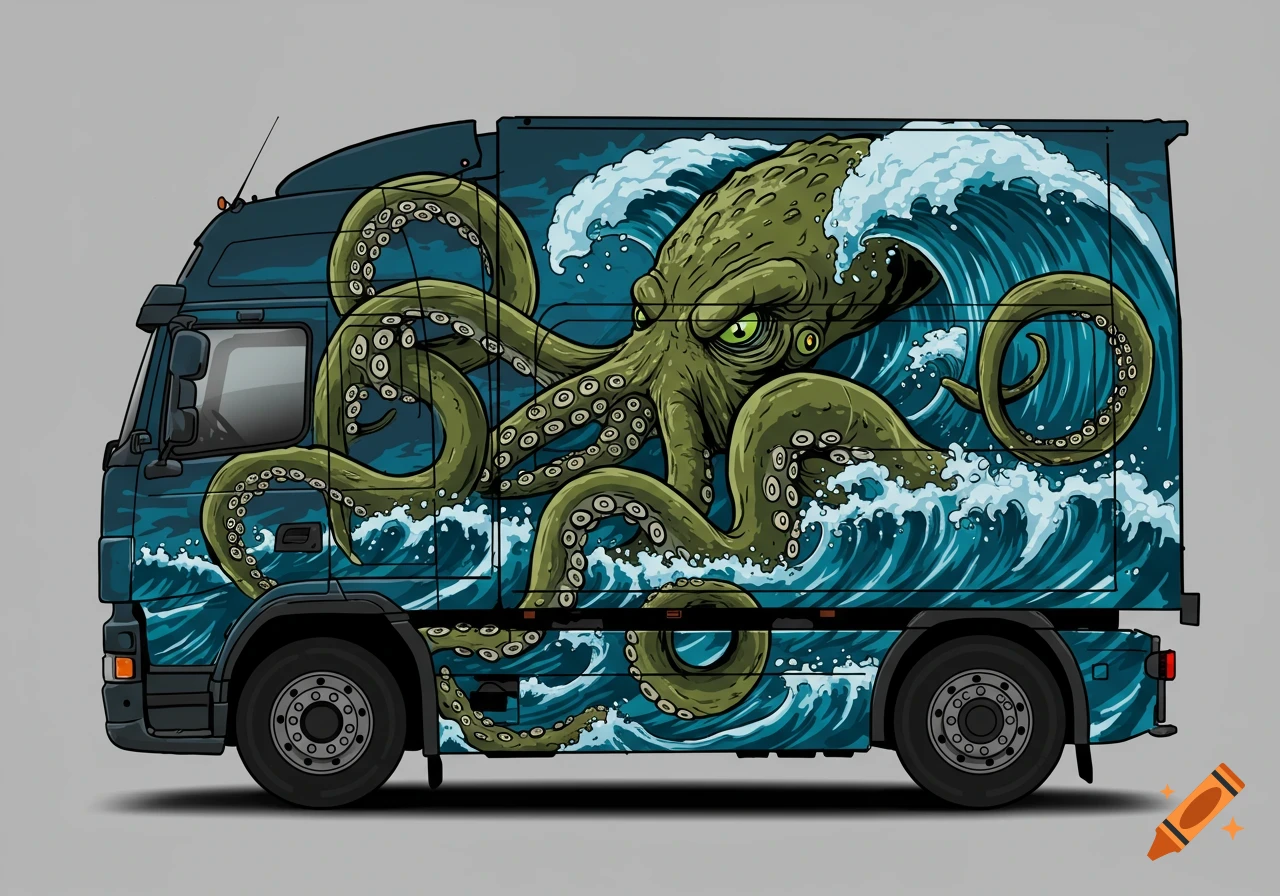 A vector illustration of a dark blue truck with a large green kraken and ocean waves painted on its side.