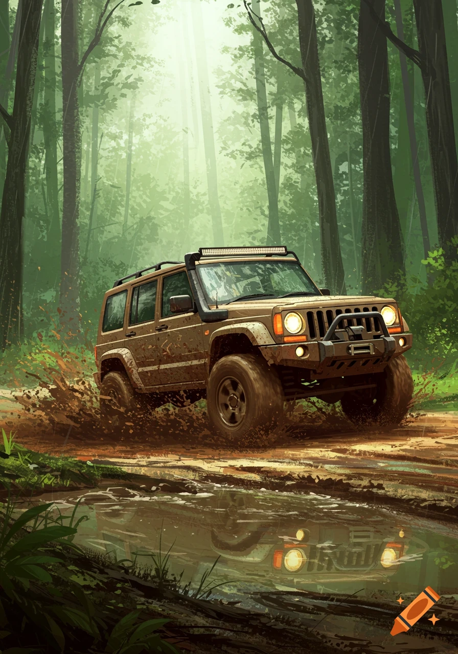 A beige jeep splashes through a muddy forest trail, depicted in a digital art style with sun rays breaking through trees.
