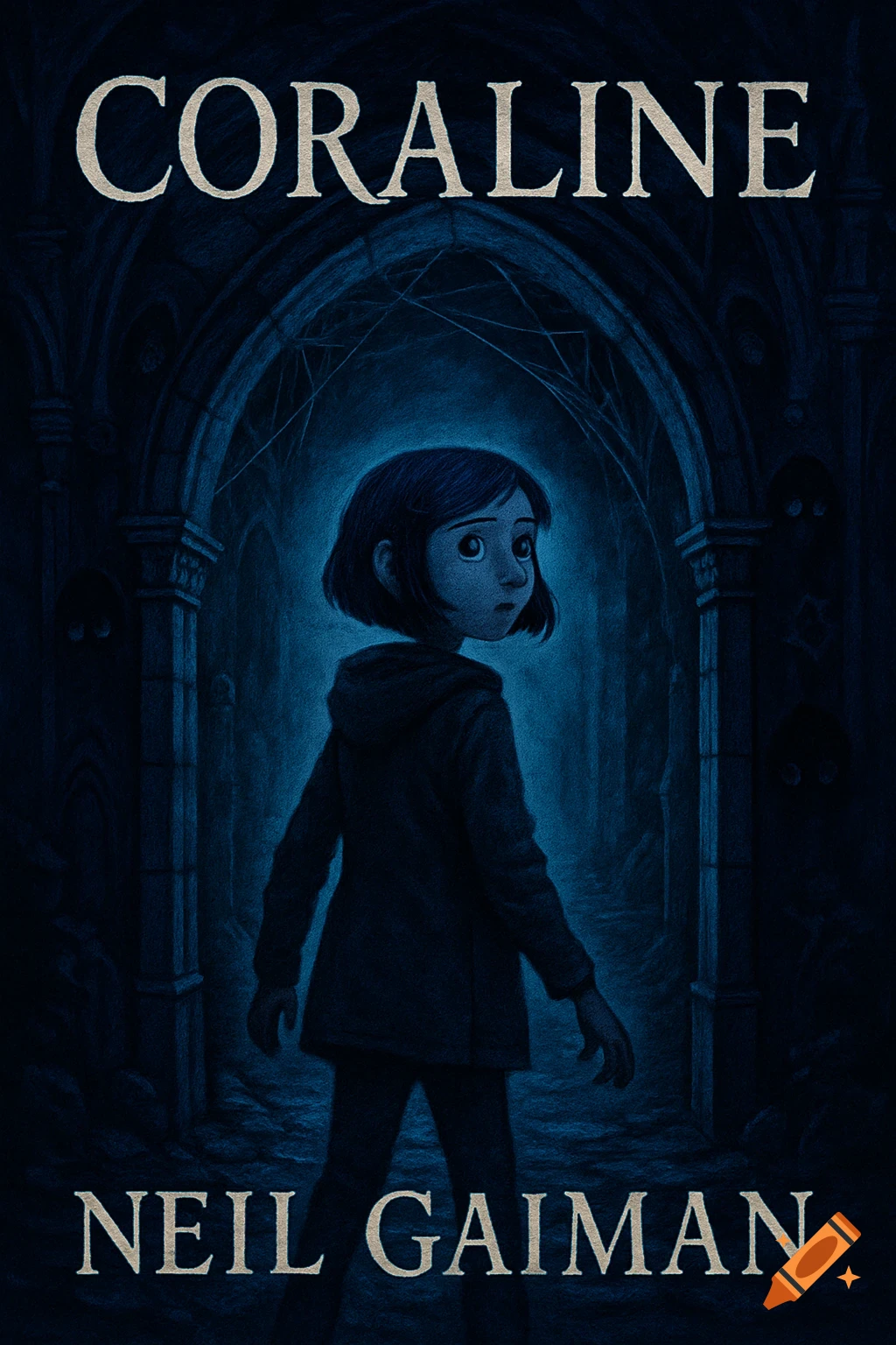 Dark blue book cover illustration of a young girl with short hair looking over her shoulder in a spooky, gothic archway, with text Coraline and Neil Gaiman.
