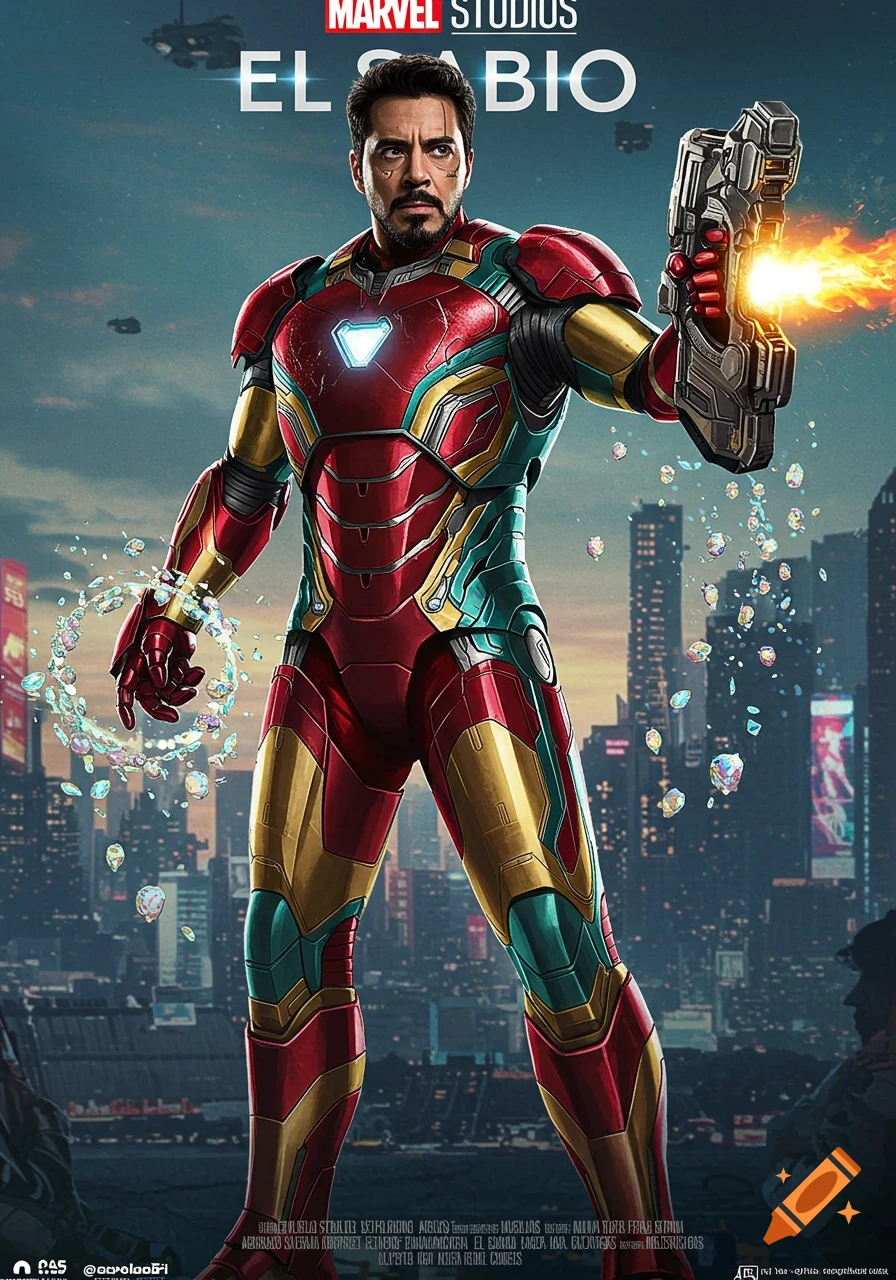 A male superhero in red and gold Iron Man armor with an unmasked face, holding a glowing futuristic gun, with nanites swirling around his left hand. Cityscape background. Text reads 'MARVEL STUDIOS EL SABIO'.
