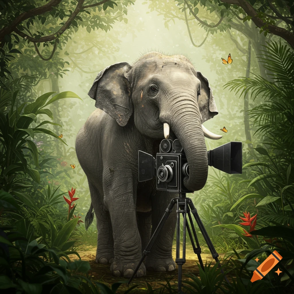 An elephant uses its trunk to hold a movie camera in a lush, green jungle with butterflies.