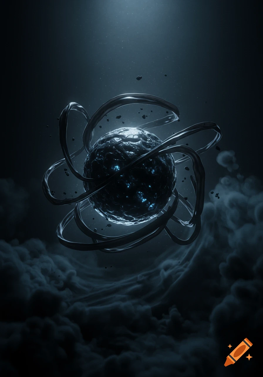 A dark, textured orb with blue glowing specks, encircled by swirling metallic ribbons, against a dark, cloudy space background.