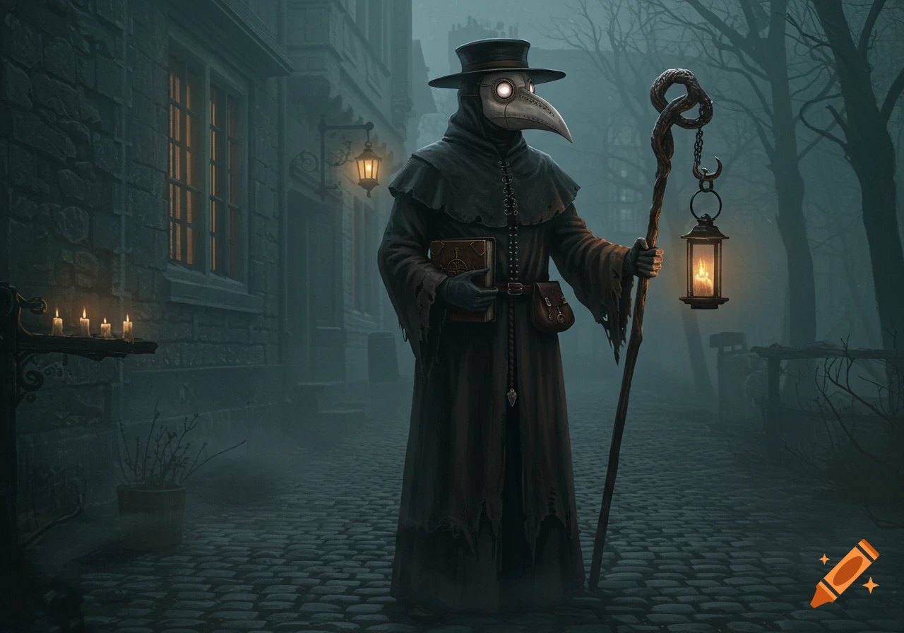 A plague doctor in a beak mask, long coat, and hat stands on a cobblestone street, holding a book and a lantern staff in a foggy, dark alley.